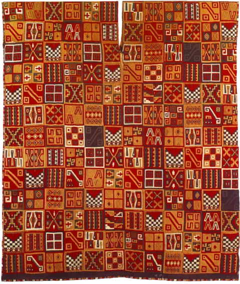 A tunic covered entirely with a grid of small squares, each filled with a different colorful geometric design.