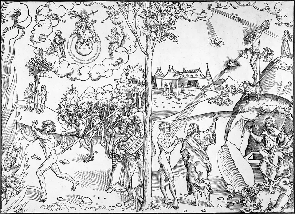 A woodcut divided by a tree, half bare and half leafy: on one side a man is driven toward flames, on the other he is directed toward a figure on a cross, with printed text below.