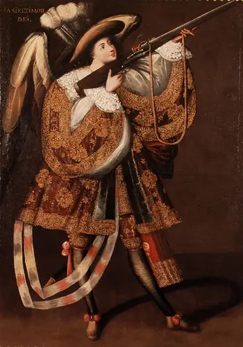 A winged figure in an elaborate Spanish nobleman's coat, lace collar and plumed hat holds a long gun.