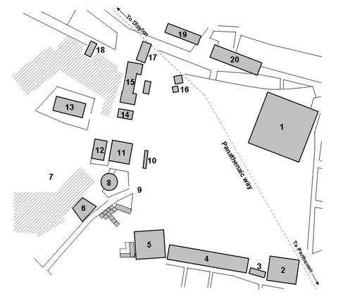 A plan of an open public square surrounded by long colonnaded buildings, temples and meeting halls.