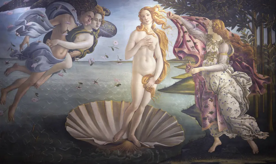 A nude woman stands on a large shell at the shore, blown by winged wind figures while a woman reaches out with a flowered cloak.