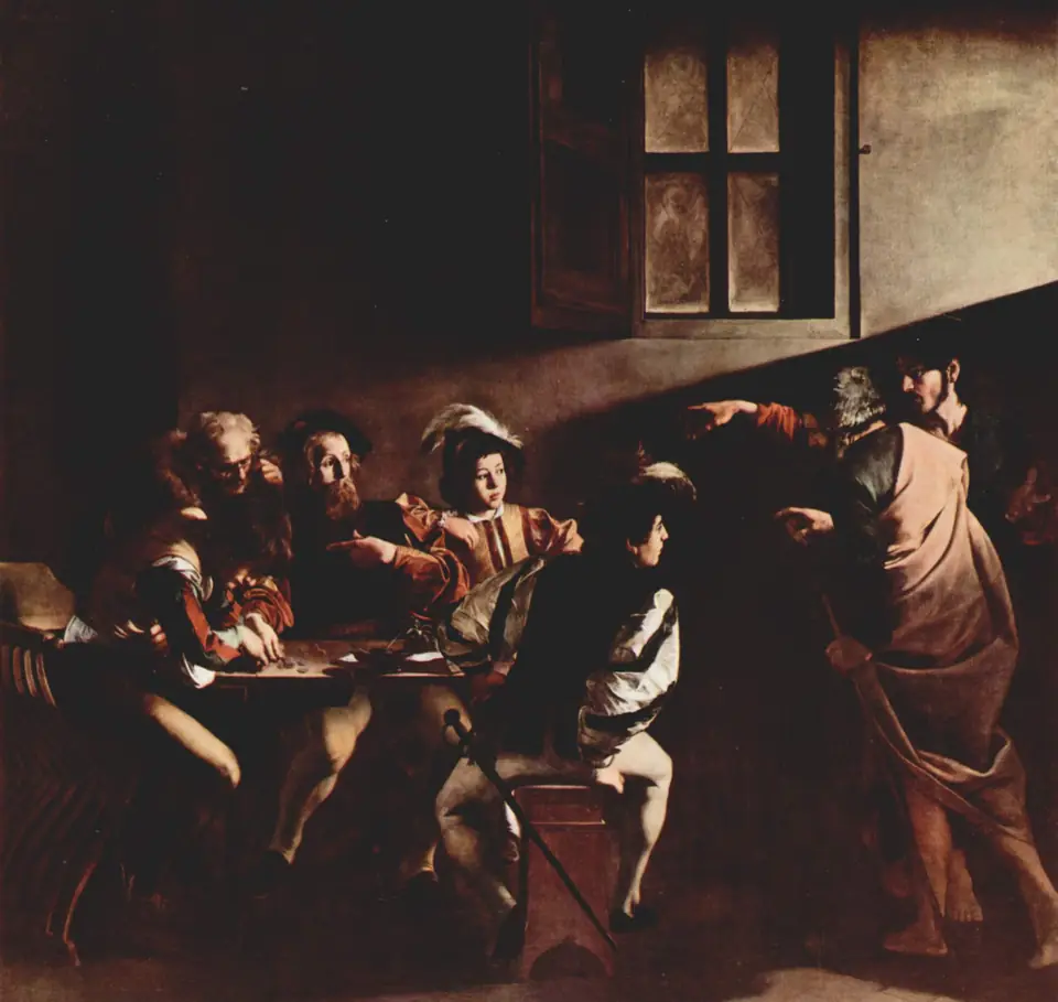 A dark room where men sit at a table counting coins as two figures enter from the right, one pointing, under a slanting beam of light.