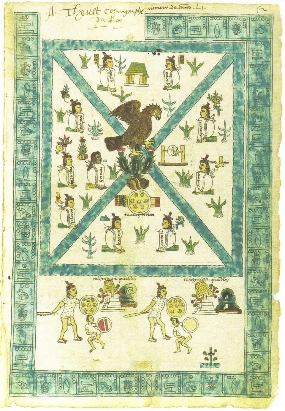 A painted page showing an eagle on a cactus at the center of a square divided by blue bands, with seated figures and a border of blue squares.