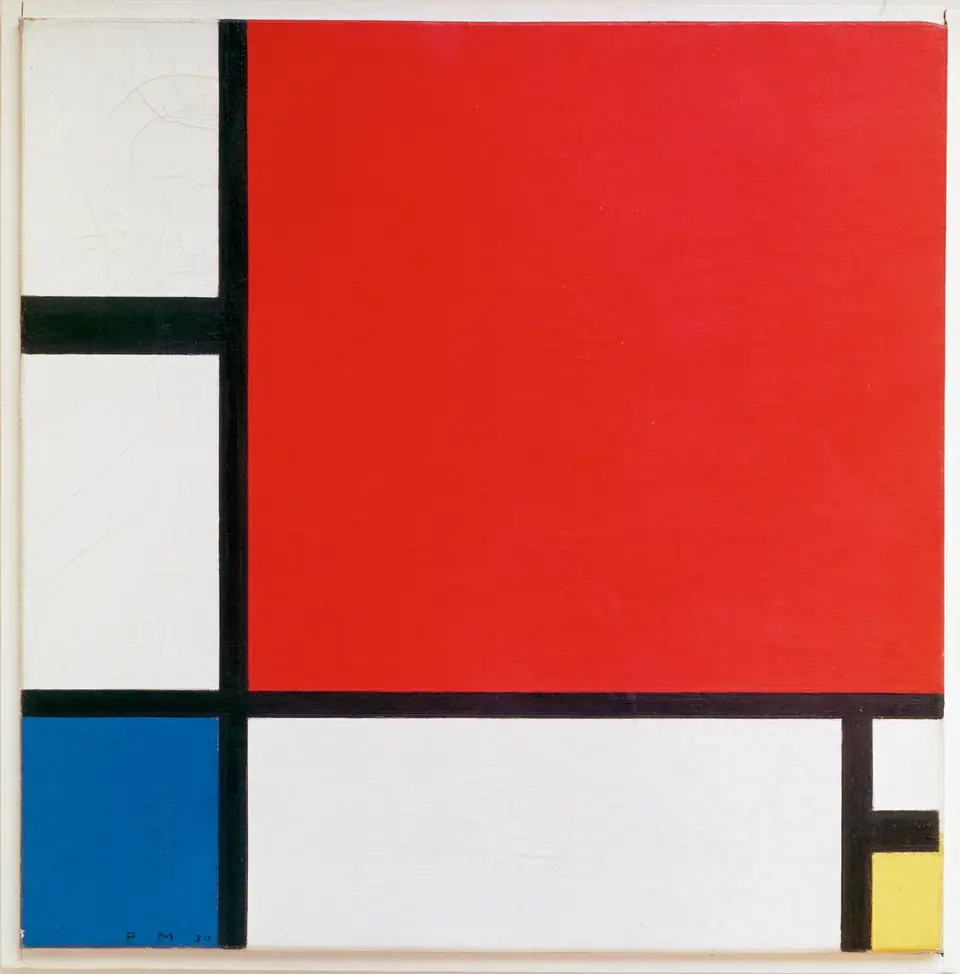 A white square crossed by thick black lines, with a large red square at the upper right, a small blue rectangle at the lower left and a small yellow block at the lower right.