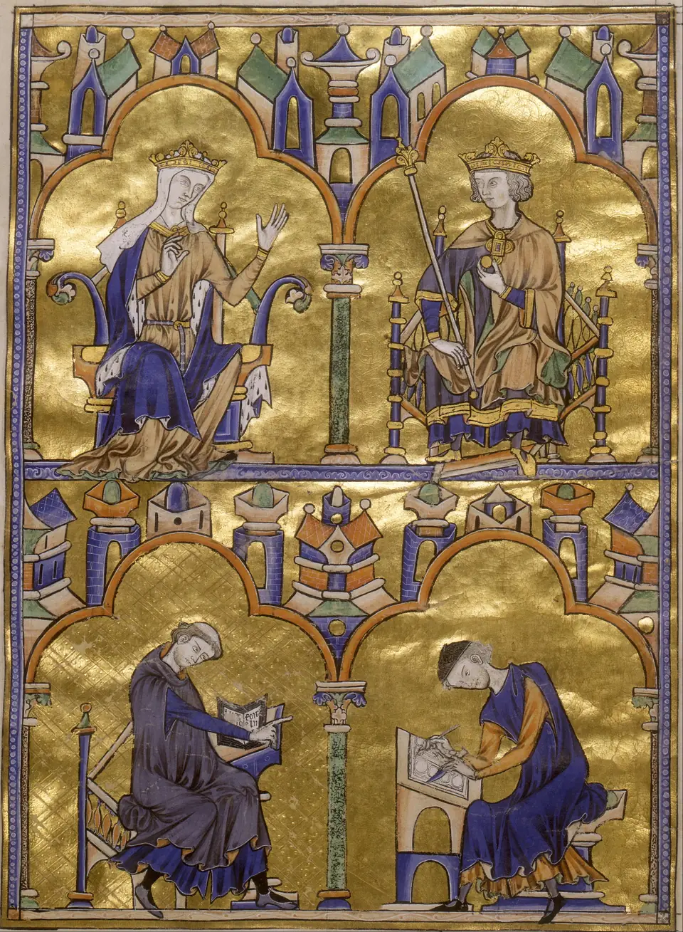A manuscript page with a crowned woman and a young crowned king seated under arches above a cleric and a scribe at work.