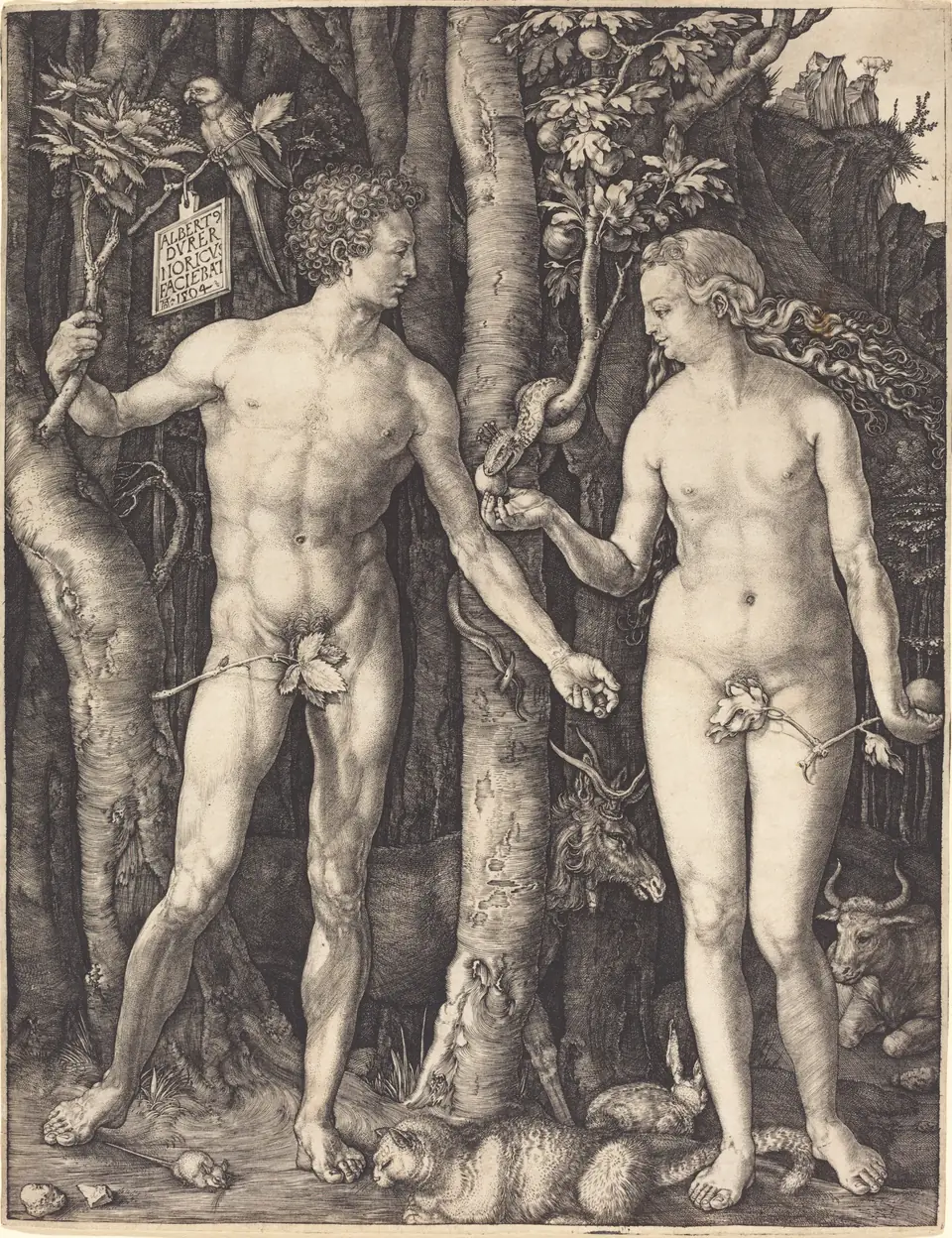 A black-and-white engraving of a nude man and woman standing in a dark forest beside a tree with a serpent, surrounded by animals; a small tablet hangs from a branch.