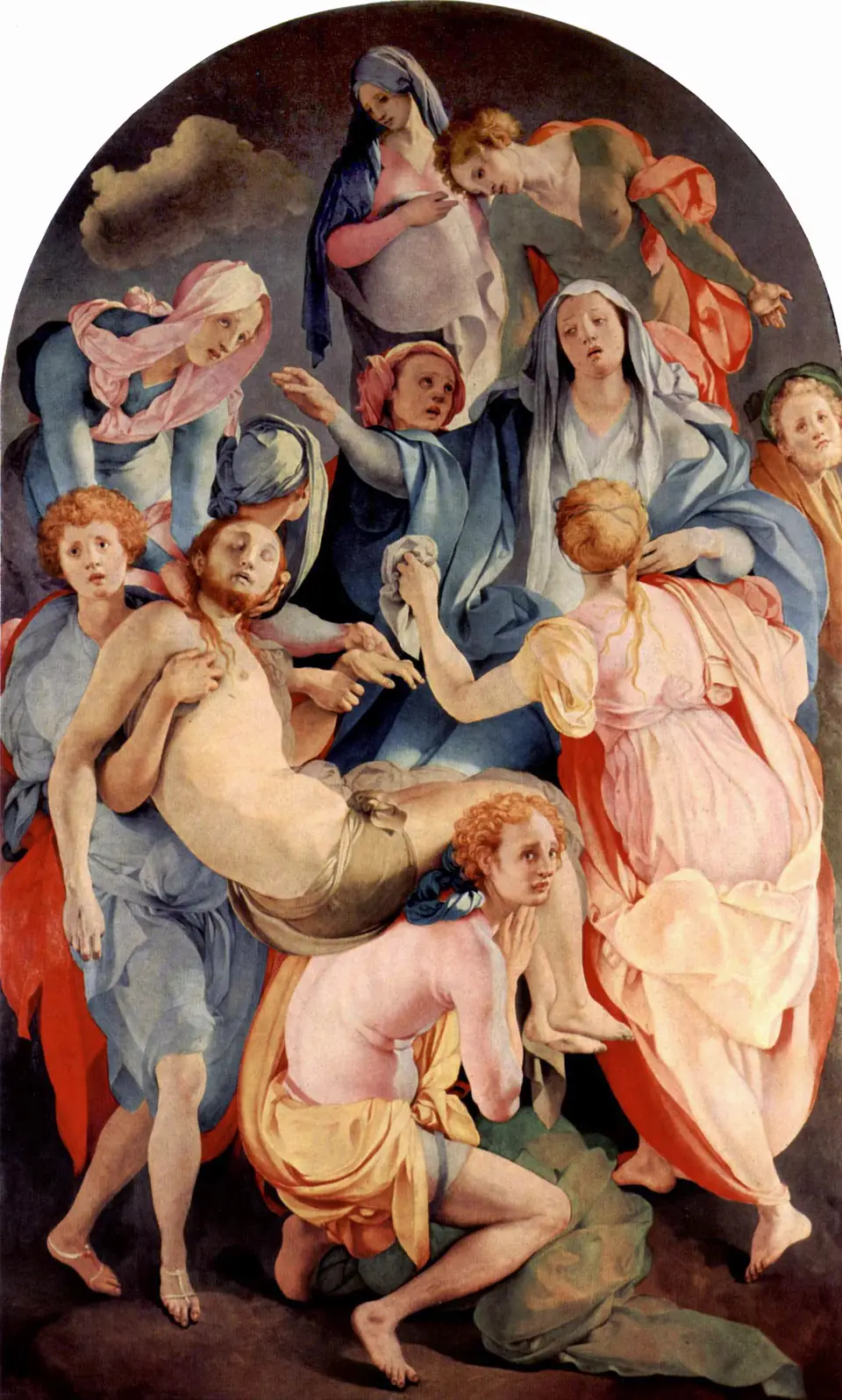A tall painting of a tight cluster of figures in pale pinks and blues carrying a limp body against an empty background.