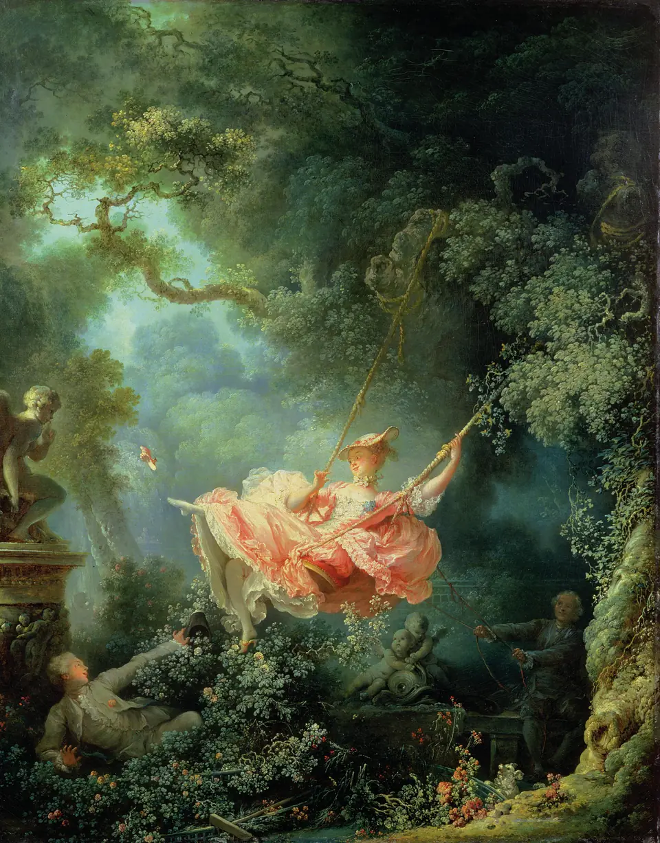 A young woman in a pink dress flies on a swing in a leafy garden, kicking off a shoe, while a young man reclines in the bushes below.