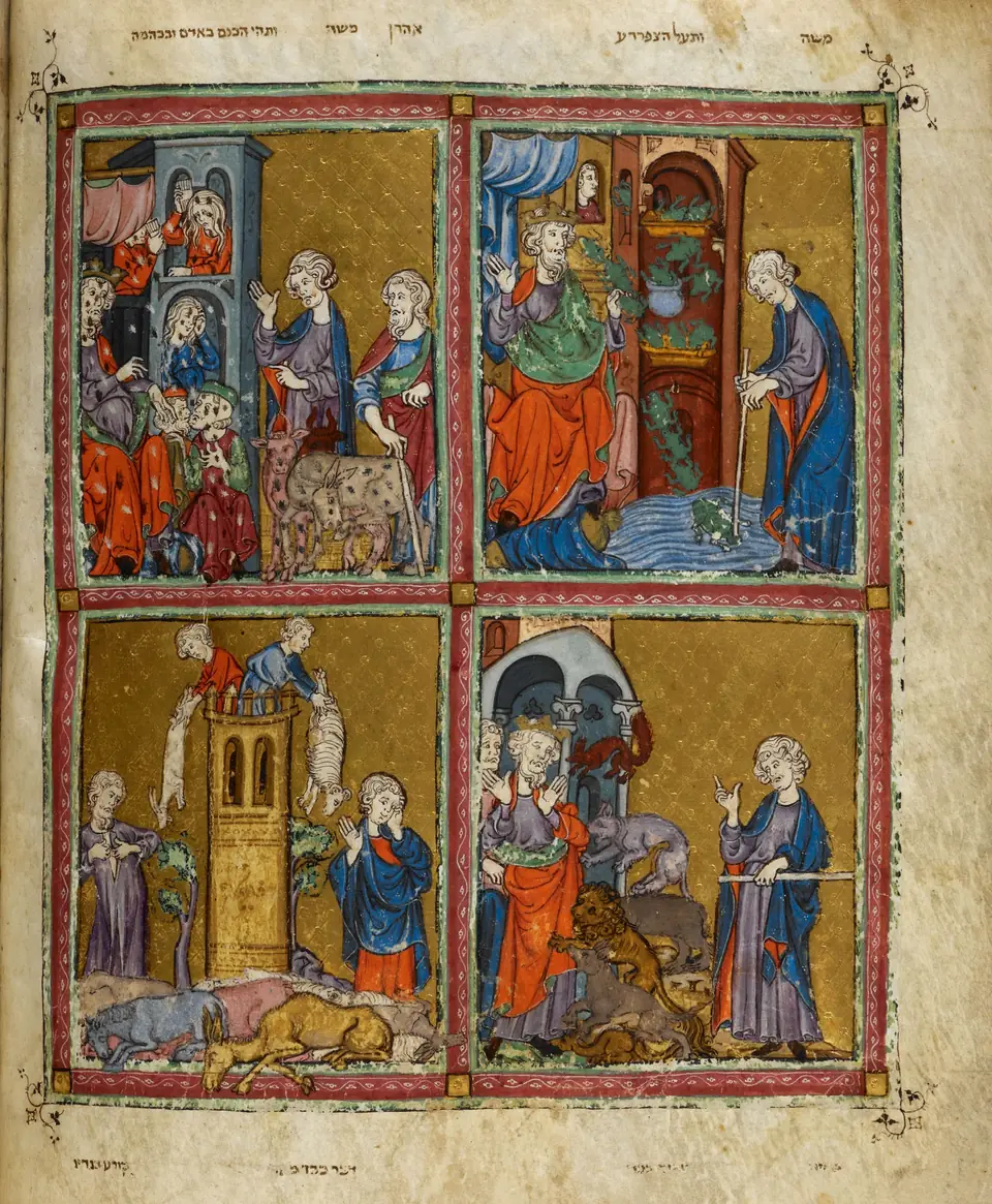 A manuscript page divided into square scenes on gold backgrounds showing figures, animals and disasters.
