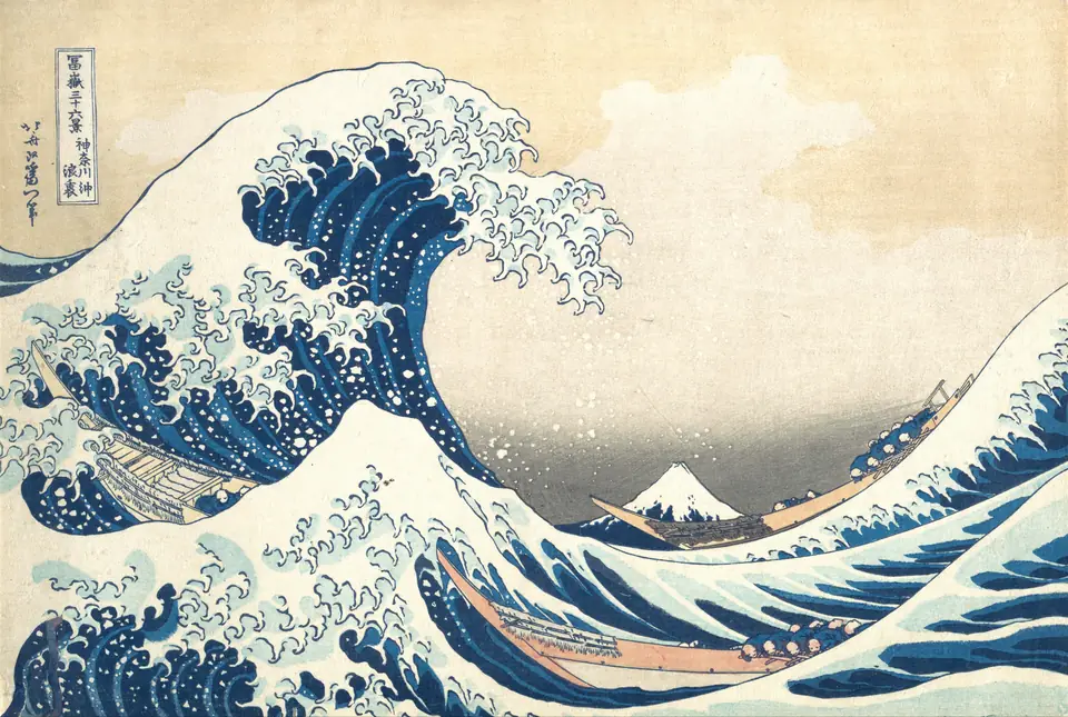 A print of a huge wave with claw-like foam about to crash over three boats, with a small snowy mountain in the distance.