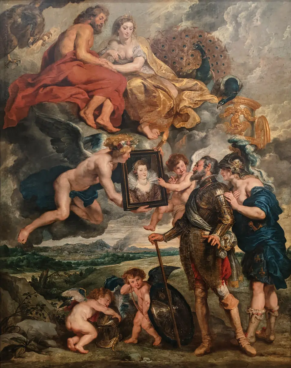A huge painting in which a king in armor gazes at a portrait of a woman held up by small winged figures, while gods watch from the clouds and a helmeted woman stands behind him.