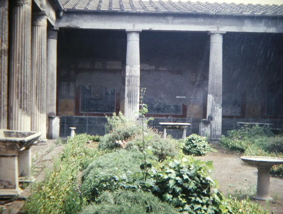 A garden courtyard surrounded by columns in a Roman house, with walls painted in red and black panels behind.