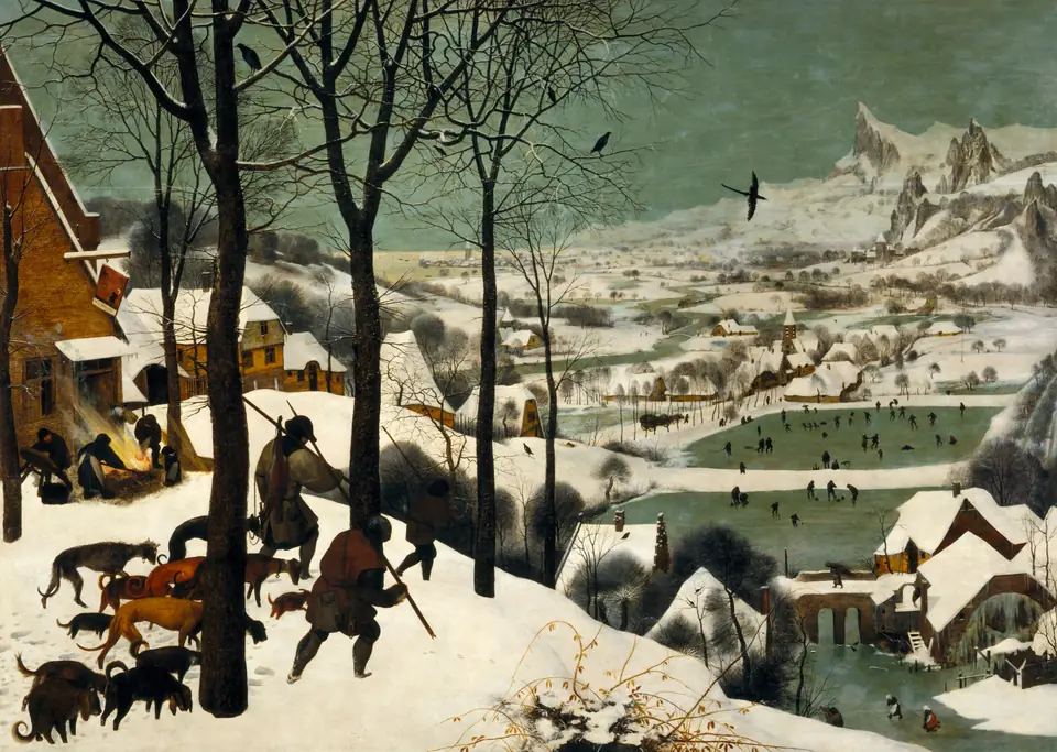 Three men with spears and a pack of dogs trudge over a snow-covered hill toward a valley with frozen ponds full of skaters.