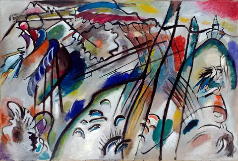 A near-abstract painting of bright colors and sweeping black lines with only hints of recognizable forms.