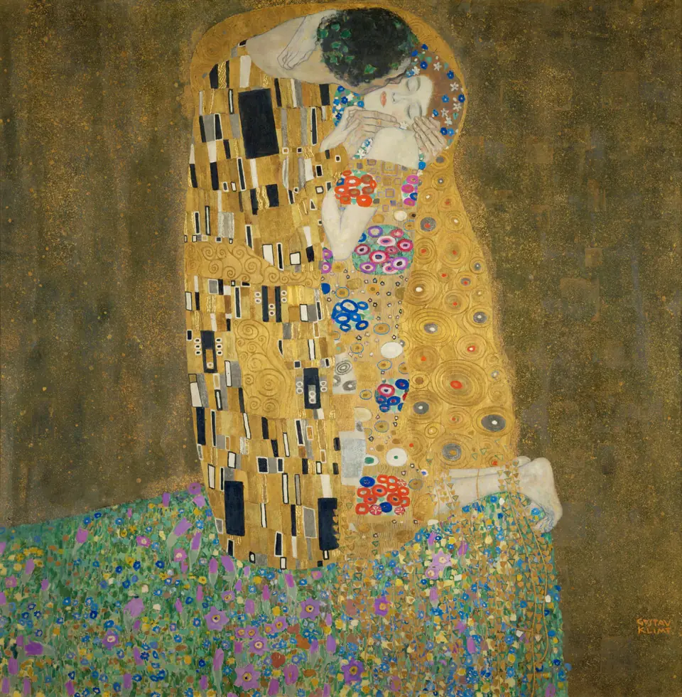 An embracing couple wrapped in robes of gold, his patterned with rectangles and hers with circles, kneeling on a flowered meadow.