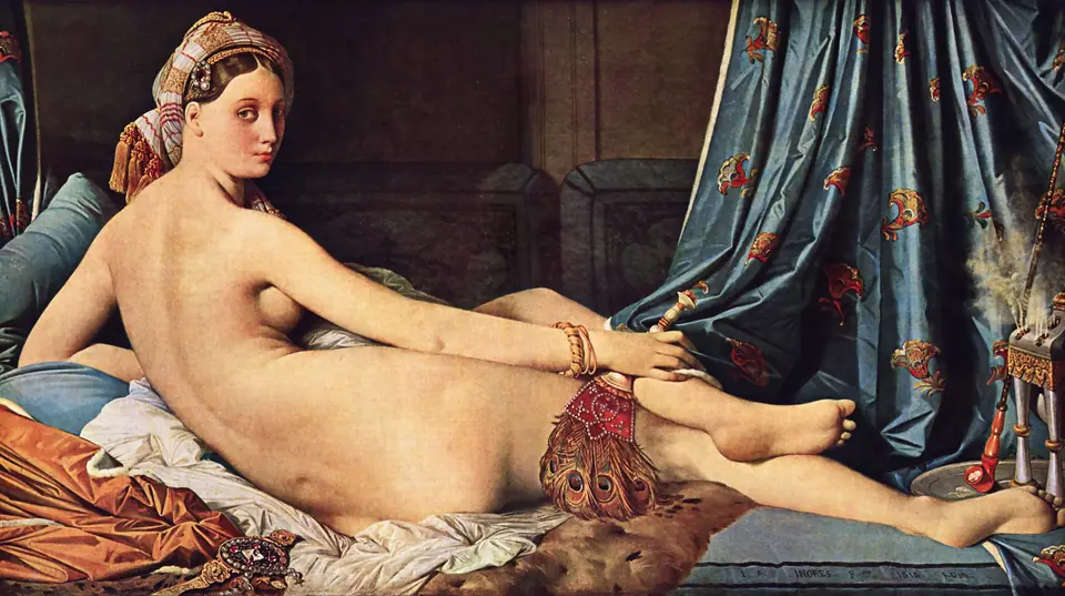 A nude woman reclines on a couch with her back to the viewer, looking over her shoulder and holding a feather fan.