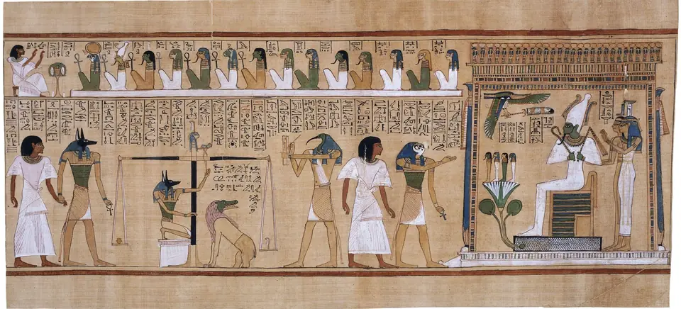 A painted papyrus showing a heart being weighed on a scale against a feather while gods and a crouching monster watch.