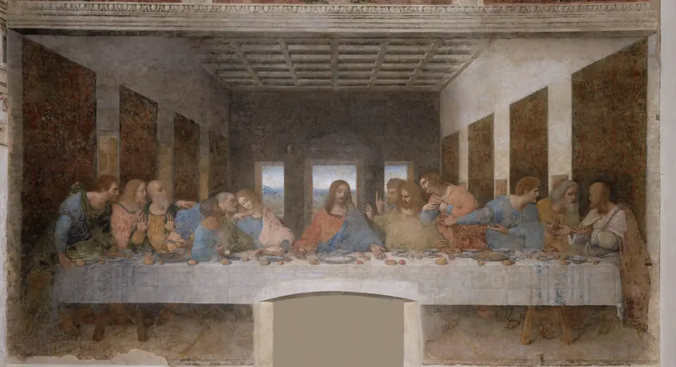 A long table with thirteen men seated along one side, the central figure framed by a window, in a room drawn in deep perspective.