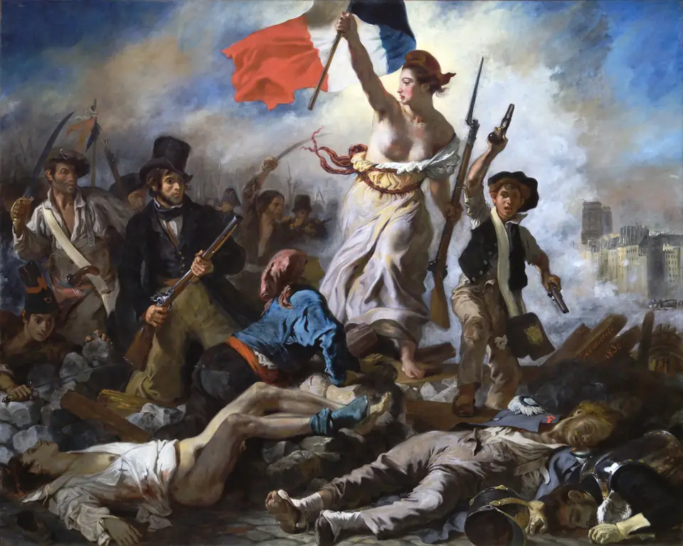 A bare-breasted woman in a red cap raises a red, white and blue flag over a barricade of bodies, leading armed men and a boy forward through smoke.