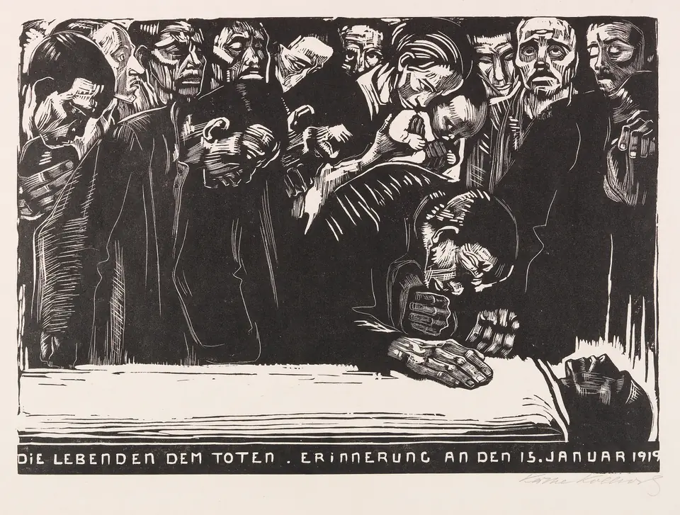 A black-and-white woodcut of grieving people bending over a body laid out before them.