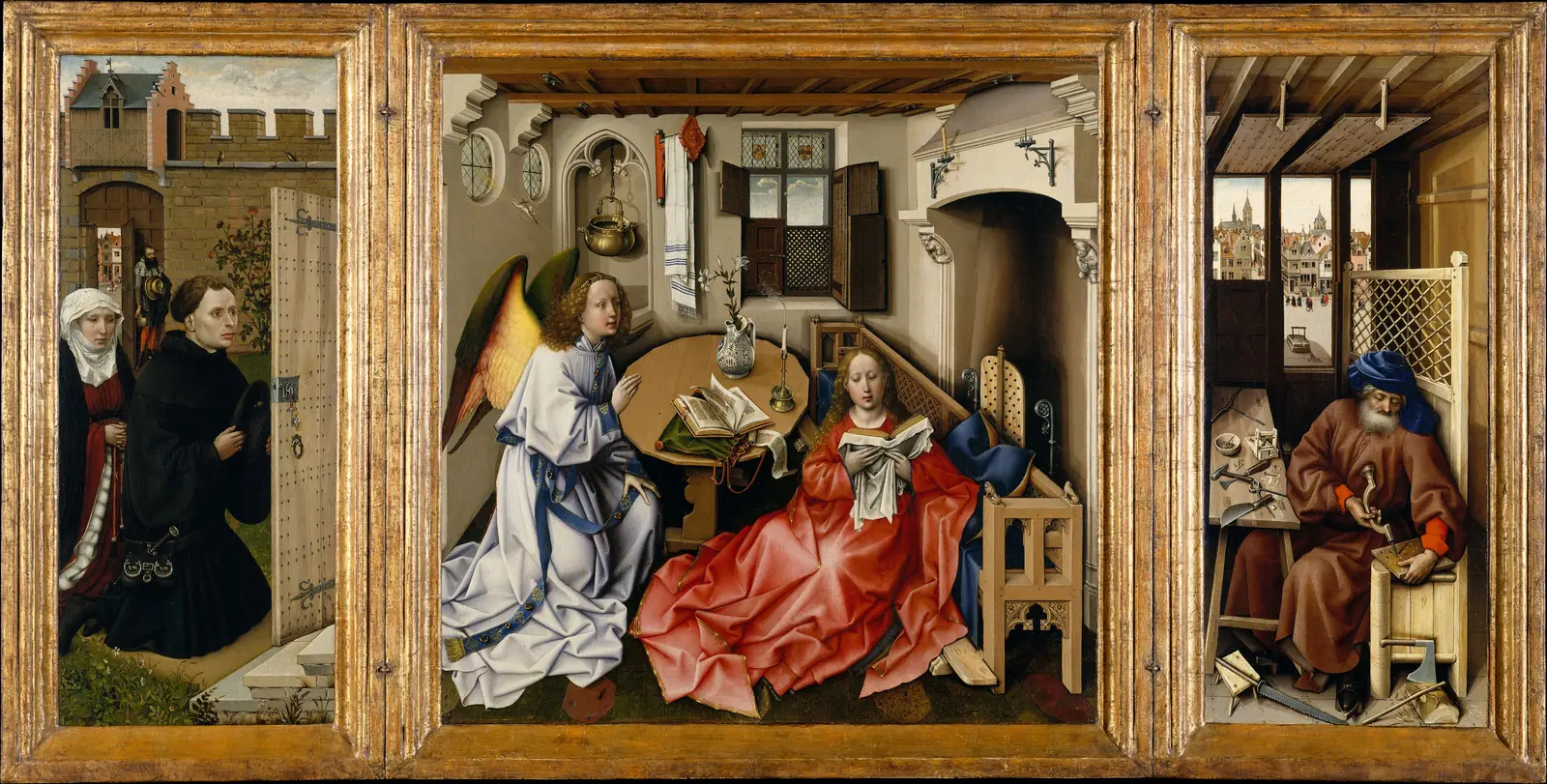 A three-panel oil painting: an angel visits a reading woman in a room in the center, a kneeling couple at a door at left, and a carpenter in his workshop at right.
