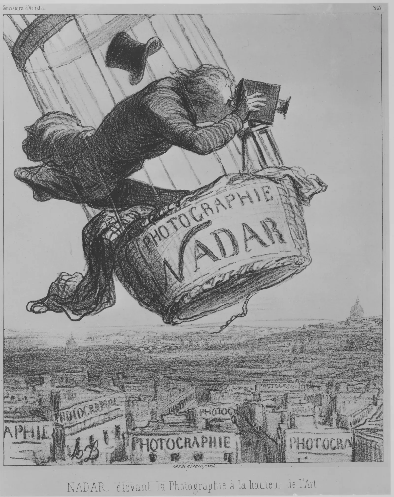 A cartoon of a man in a balloon basket leaning over with a camera above a city whose buildings are covered with signs.