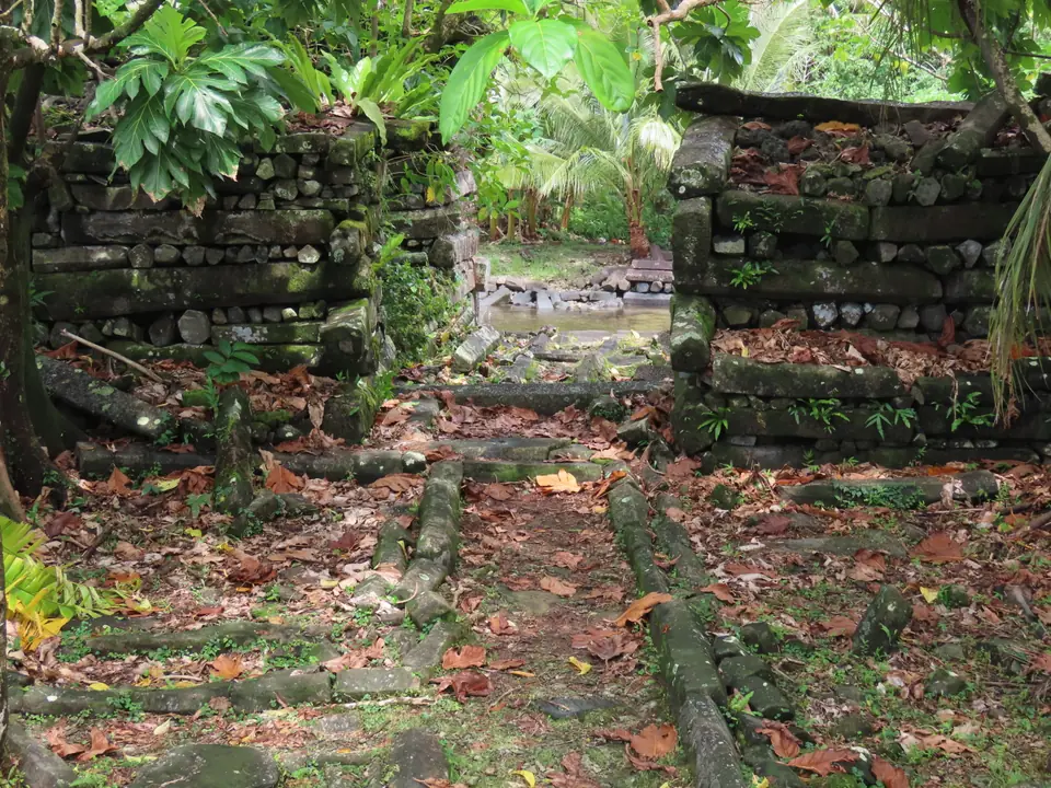 Ruined walls made of stacked dark stone columns among tropical plants.