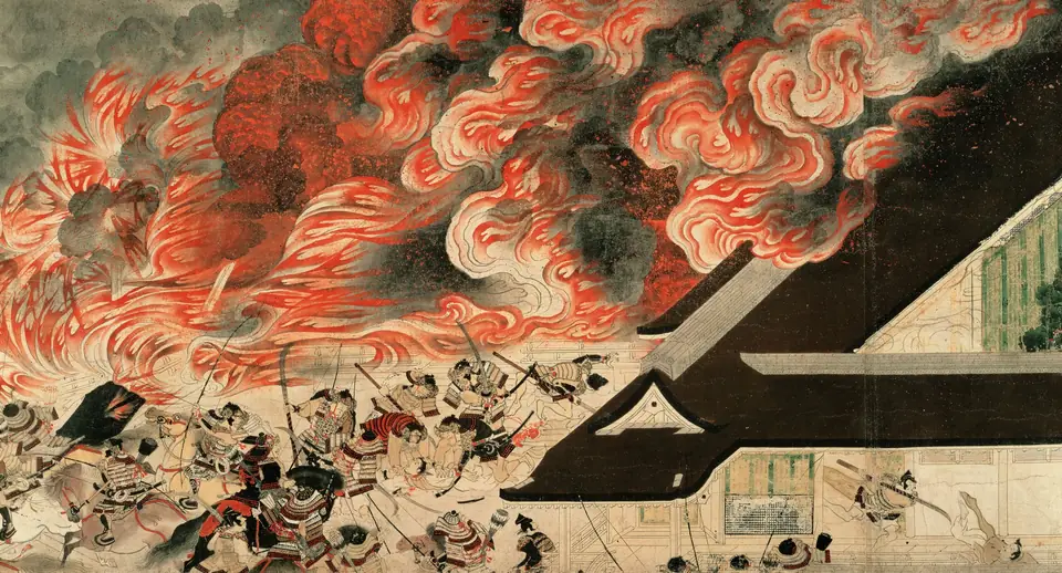 A painted scroll scene of buildings engulfed in red flames, with soldiers, horses and fleeing people crowded below.