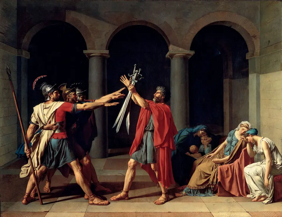 Three men in Roman armor raise their arms toward swords held by an older man, while women slump in grief at the right, under three arches.