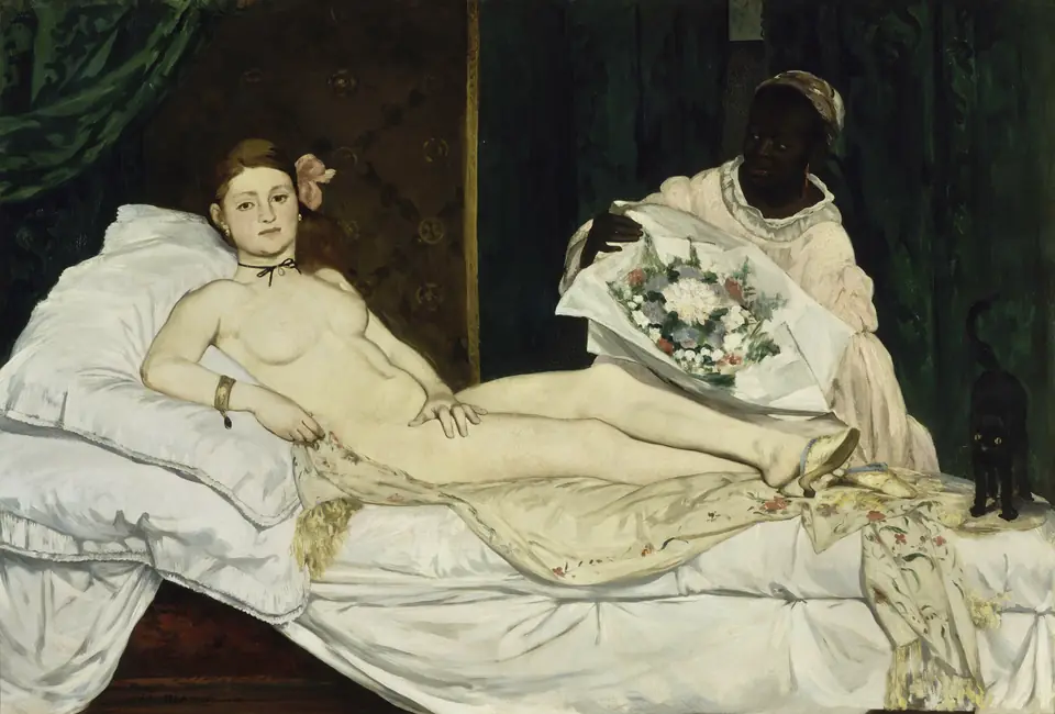 A nude young woman reclines on a bed looking directly at the viewer, while a Black maid brings flowers and a black cat stands at her feet.