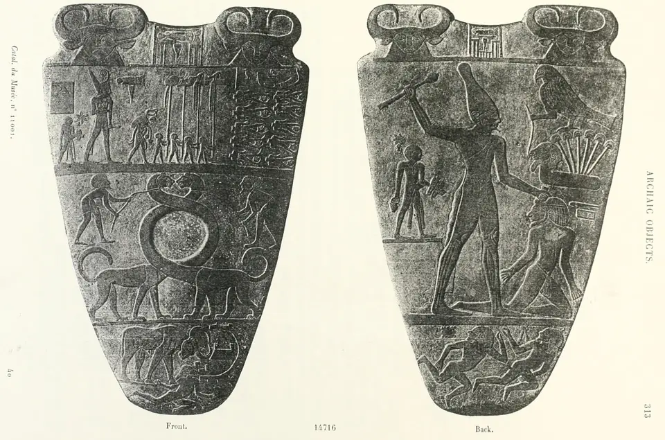 Both sides of a shield-shaped slab of dark stone carved in low relief: on one, a king in a tall crown raises a mace over a kneeling enemy; on the other, two long-necked beasts curl around a round hollow.