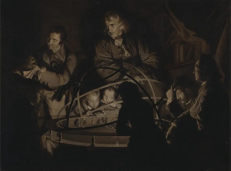 In a dark room, adults and children gather around a brass model of the planets, their faces lit by a hidden lamp at its center.