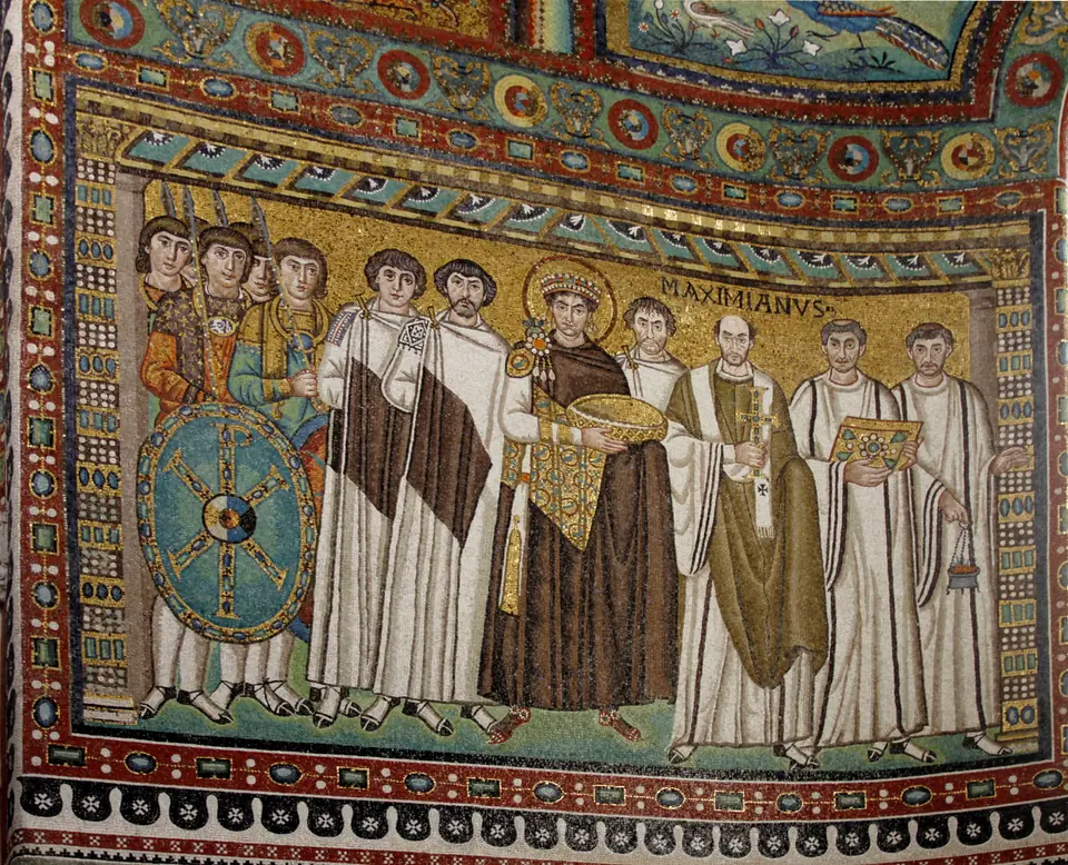 A mosaic of a crowned man in purple holding a golden bowl, flanked by clergy and soldiers, against a gold background.