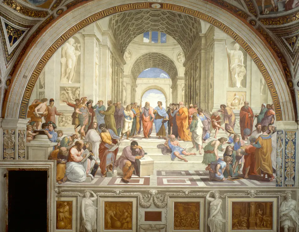A fresco of many robed men gathered in a grand vaulted hall, with two central figures walking forward beneath an arch.