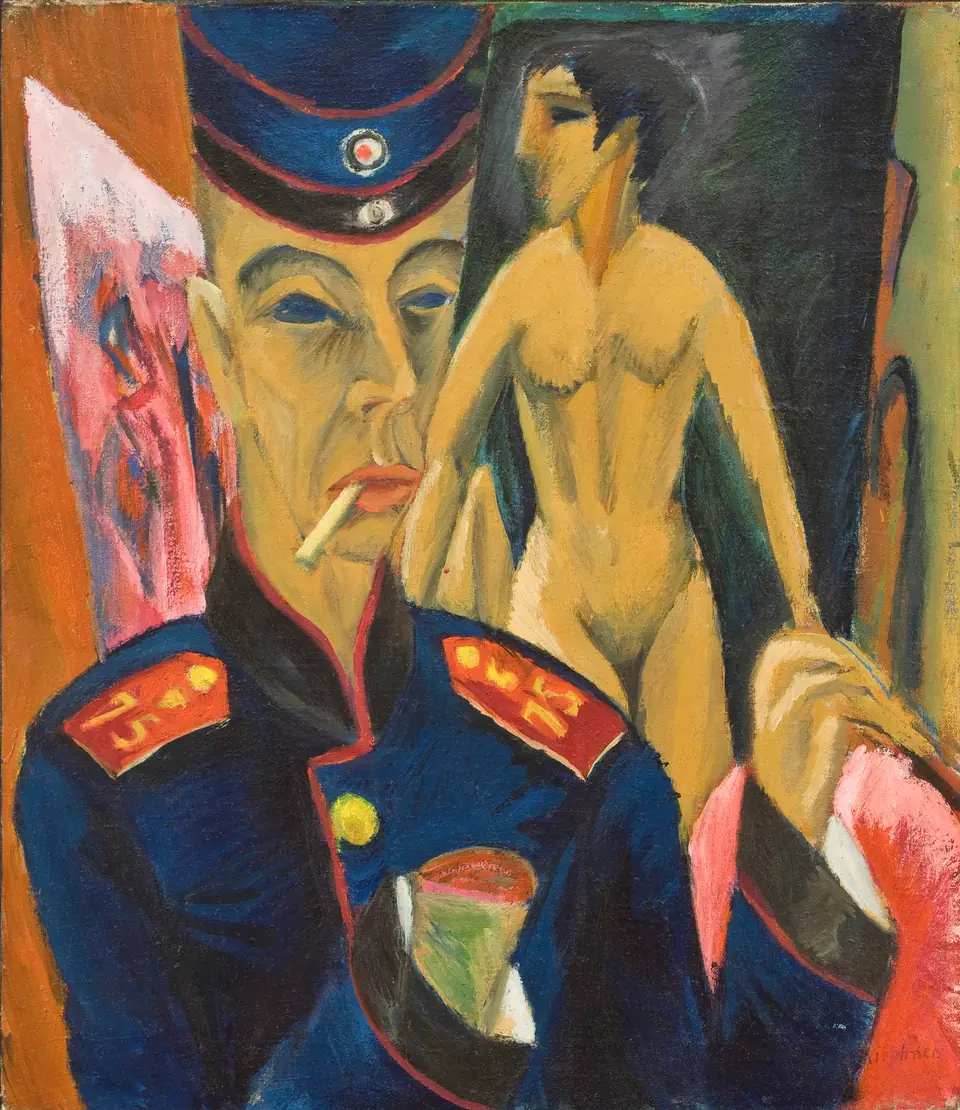 A man in a blue military uniform with a cigarette and a bloody stump for a right hand, with a nude woman behind him.