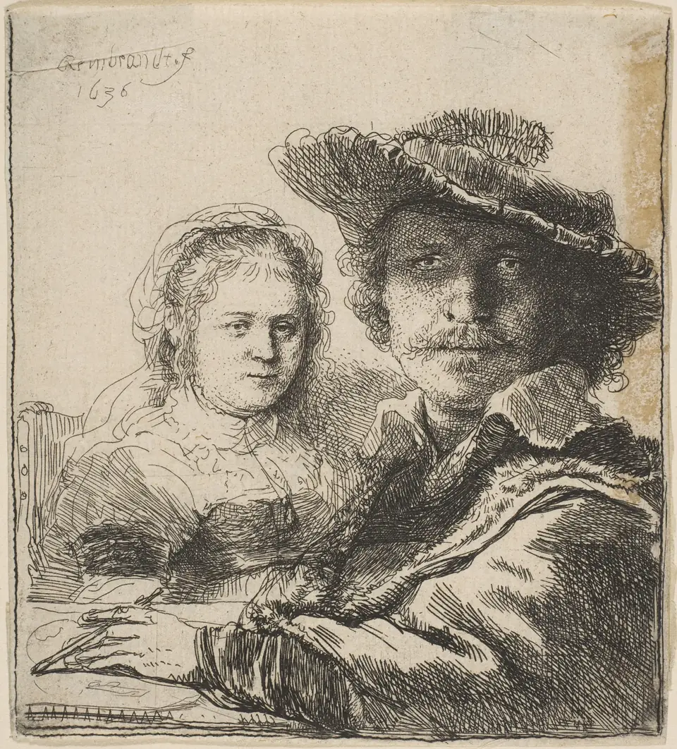 A small black-and-white print of a man in a soft hat drawing at a table, with a woman seated behind him.