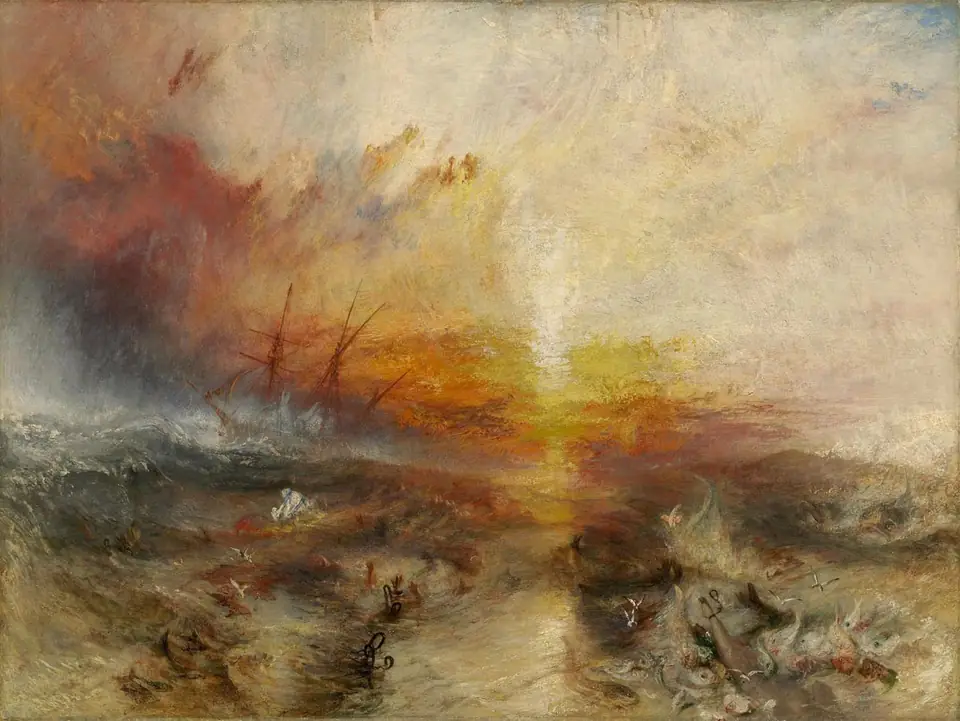 A blazing red and yellow sunset over a stormy sea, with a ship tossed in the distance and shackled hands and fish in the waves in the foreground.