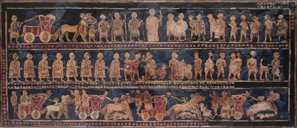 A wooden panel inlaid with shell figures on a deep blue background in three rows: chariots trample enemies and soldiers lead captives.