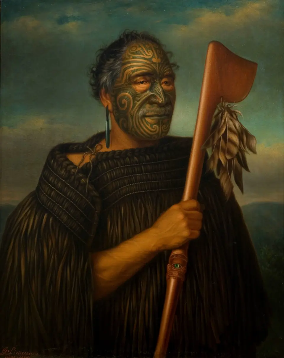 A portrait of an older man with full facial tattoos, wearing a cloak and holding a carved weapon.