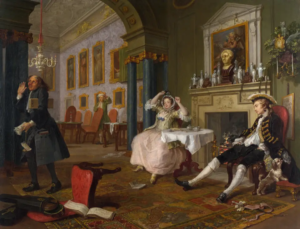 A tired young couple sprawl in a messy drawing room while a steward with papers walks away, raising a hand.