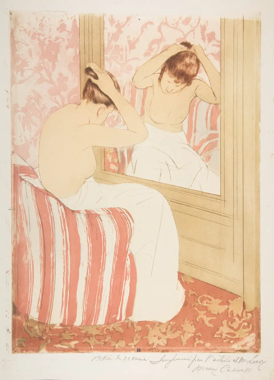 A color print of a woman, nude to the waist, seated in a striped chair and arranging her hair before a mirror, with patterned wallpaper and a patterned rug.