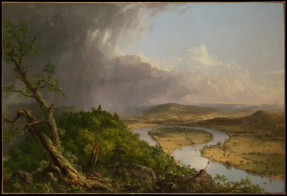 A landscape split between dark storm clouds over a forested mountain on the left and sunlit fields along a looping river on the right.