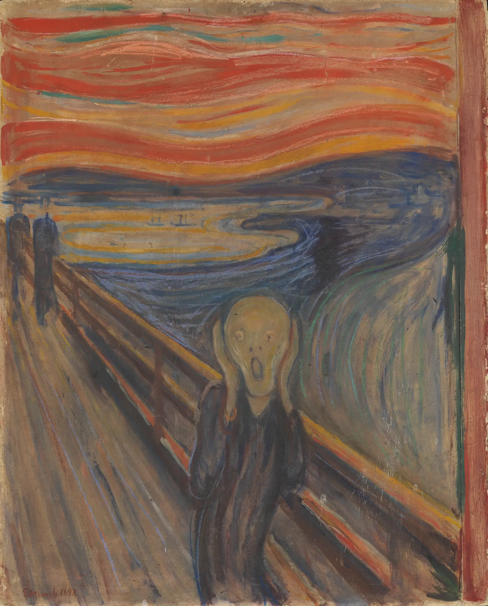 A figure with a skull-like face clutches its head on a bridge under a swirling blood-red sky.