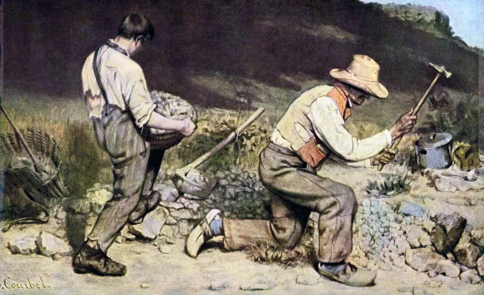 Two laborers, an old man and a boy, break and carry stones by a roadside; their clothes are ragged and their faces hidden.