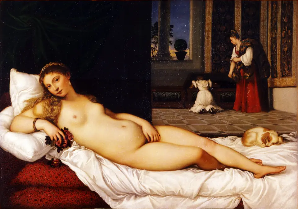 A nude woman reclines on a bed looking out at the viewer, with a small dog at her feet and two servants at a chest in the background.
