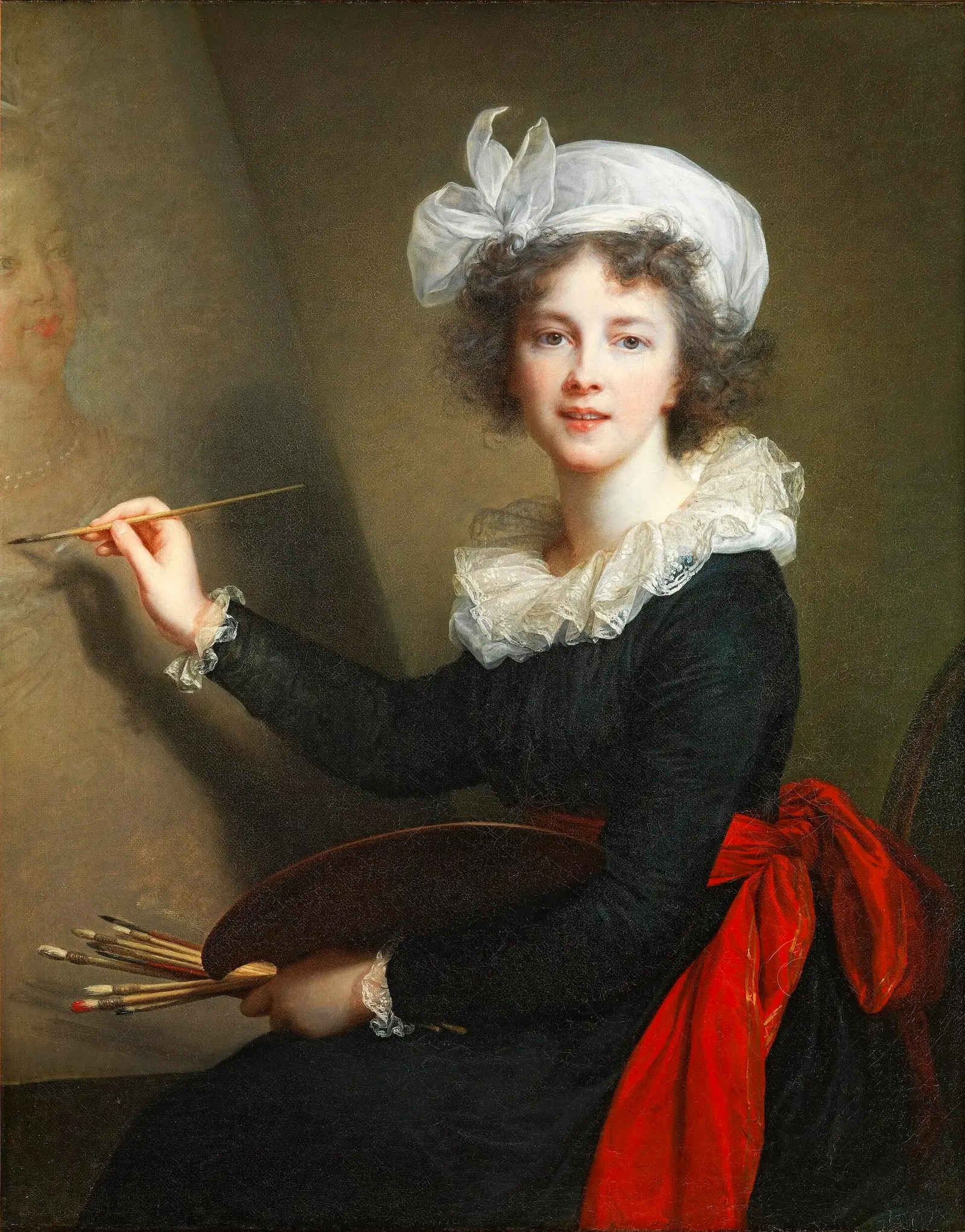 A woman at an easel turns toward the viewer with a smile, holding a brush; she wears a dark dress, a red sash and a white lace collar.