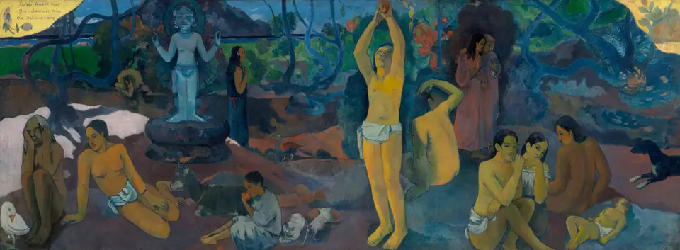 A long, frieze-like painting of figures in a lush tropical landscape: a baby at the right, a figure picking fruit at the center and an old woman at the left.
