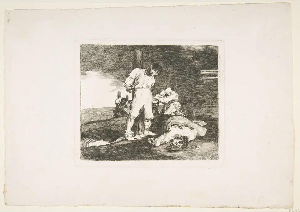 A print of a blindfolded man tied to a post, with a body on the ground beside him and gun barrels pointing in from the right edge.