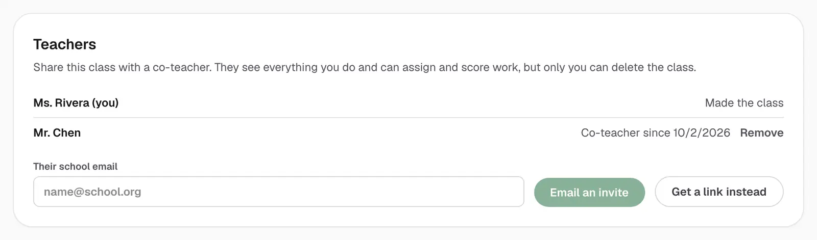 The co-teachers panel, listing the class's teachers and a way to invite another teacher by email or with a link.