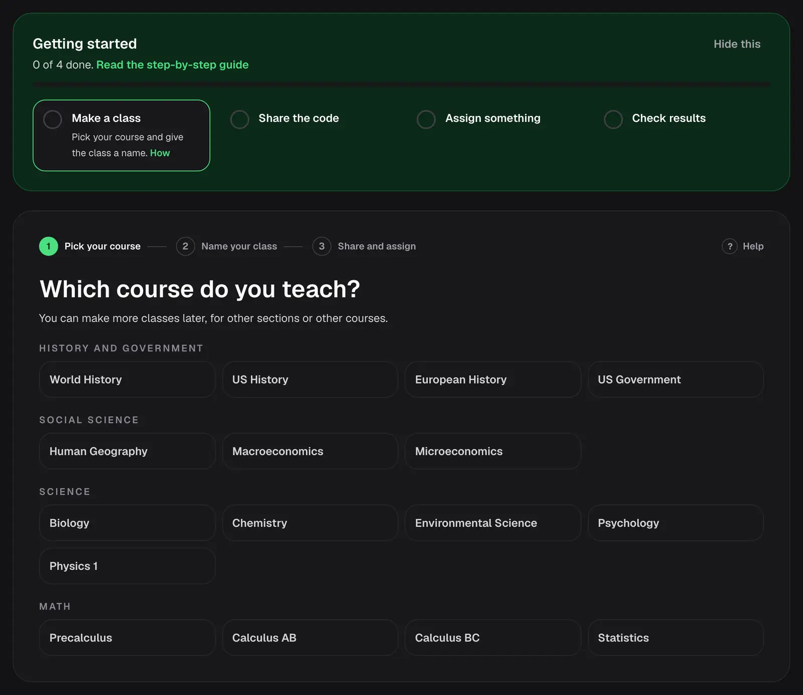 The first screen a new teacher sees: a getting-started checklist, then step 1 of 3, Which course do you teach?, with a button for each course grouped by subject.
